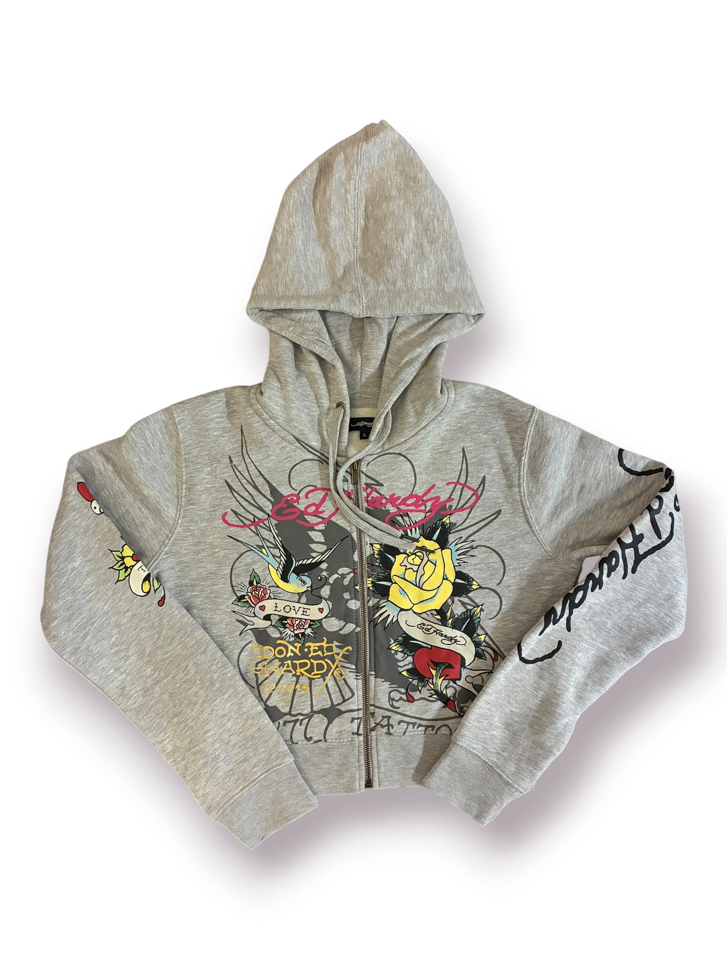 Ed Hardy Rose and Sword Zip-Front Cropped Hoodie ‘Grey’