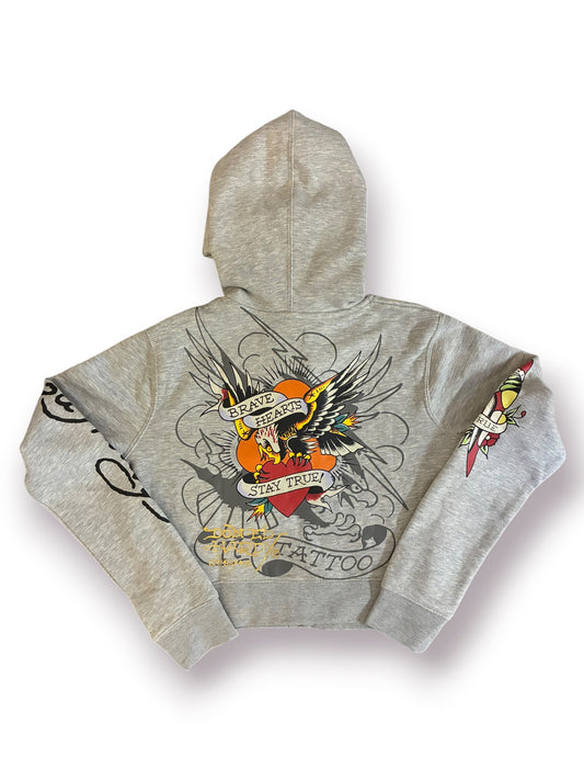 Ed Hardy Rose and Sword Zip-Front Cropped Hoodie ‘Grey’