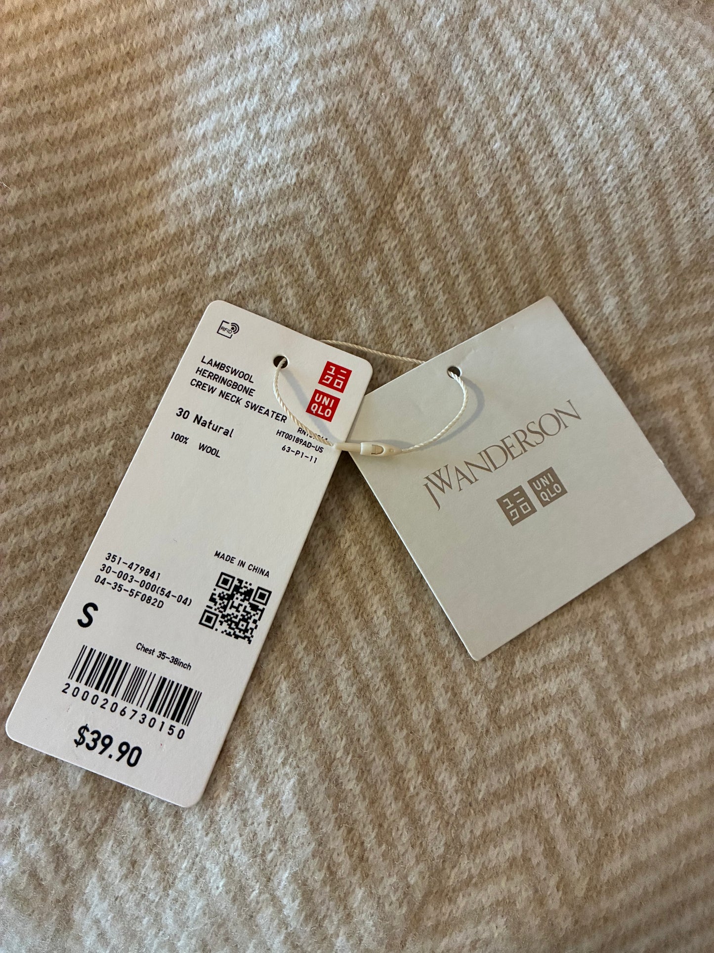 JW Anderson x Uniqlo Lambswool Herringbone Crewneck Sweater 'Natural' (Pre-Owned)